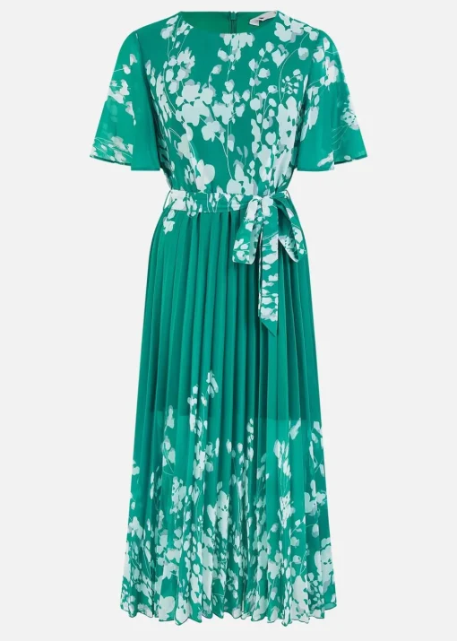 Yumi Green Mirror Floral Design Pleated Midi Dress