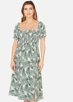 Yumi Green Organic Cotton Palm Print Midi Dress With Side Split