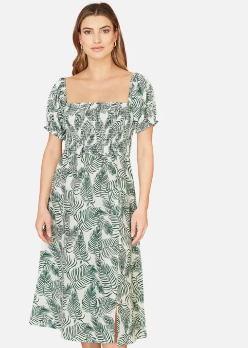 Yumi Green Organic Cotton Palm Print Midi Dress With Side Split