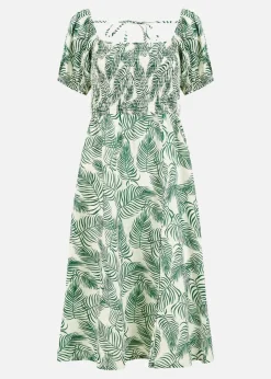 Yumi Green Organic Cotton Palm Print Midi Dress With Side Split