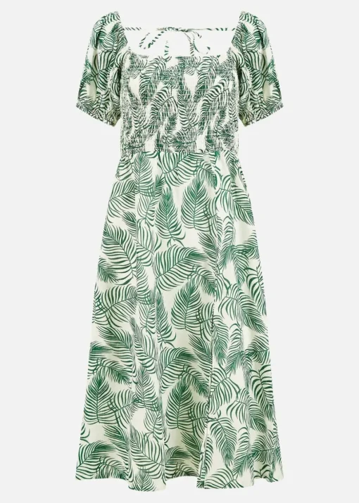 Yumi Green Organic Cotton Palm Print Midi Dress With Side Split