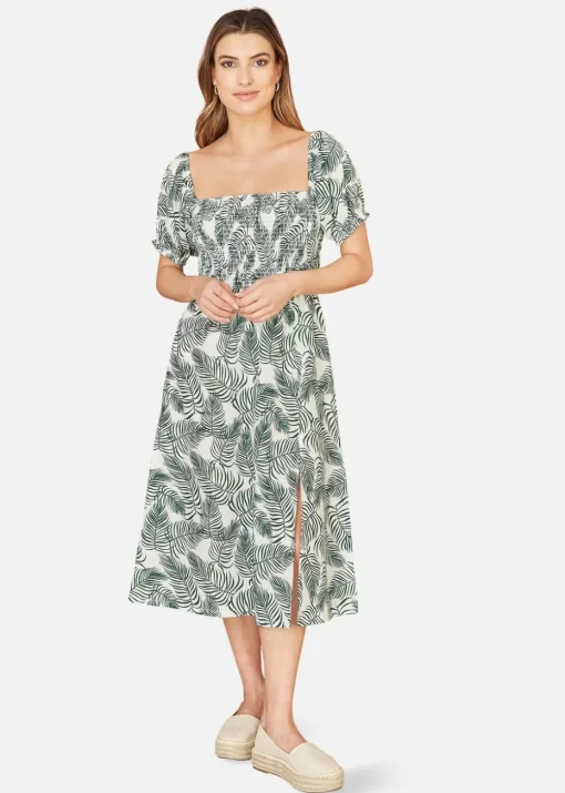 Yumi Green Organic Cotton Palm Print Midi Dress With Side Split