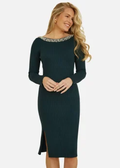 Yumi Green Pearl Neckline Fitted Midi Knitted Dress