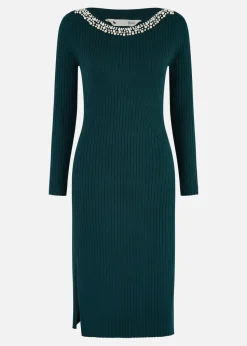 Yumi Green Pearl Neckline Fitted Midi Knitted Dress