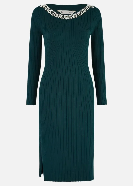 Yumi Green Pearl Neckline Fitted Midi Knitted Dress