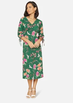 Yumi Green Recycled Crane Print Kimono Midi Dress