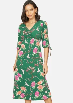 Yumi Green Recycled Crane Print Kimono Midi Dress