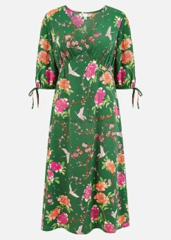 Yumi Green Recycled Crane Print Kimono Midi Dress