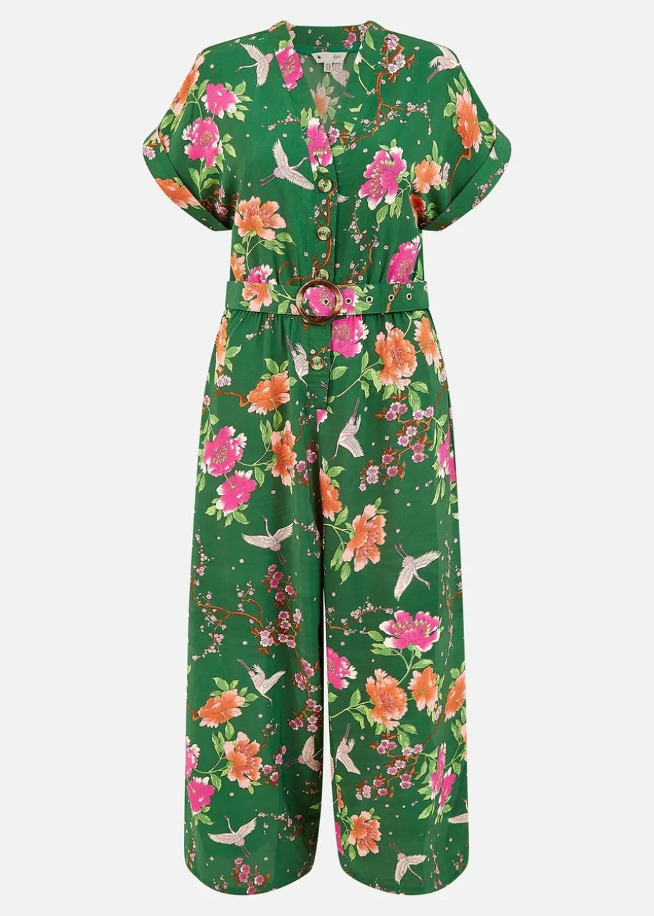 Yumi Green Recycled Crane Print Jumpsuit With Matching Belt
