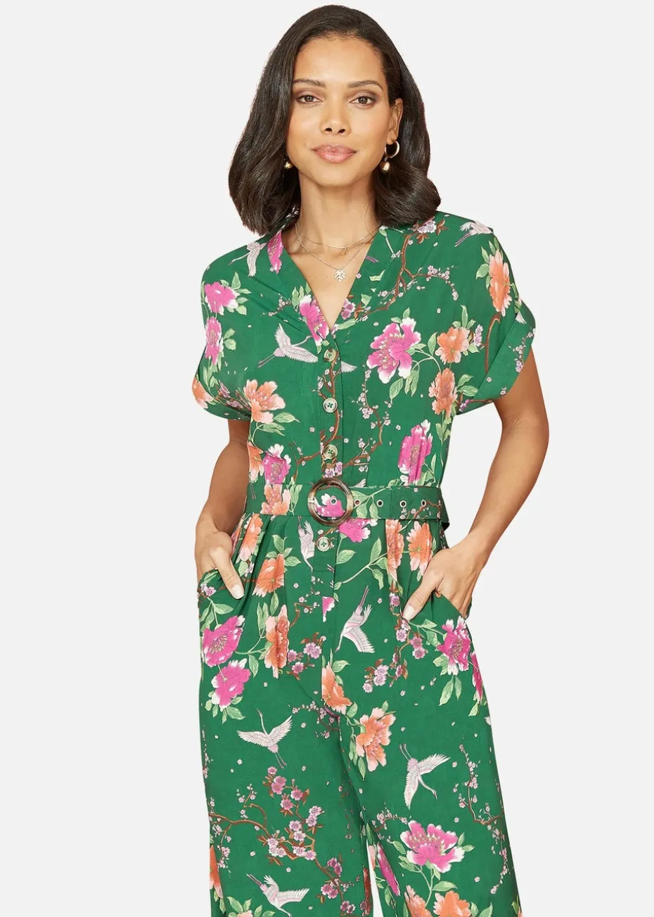 Yumi Green Recycled Crane Print Jumpsuit With Matching Belt