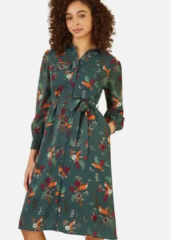 Yumi Green Recycled Fox Print Shirt Midi Dress