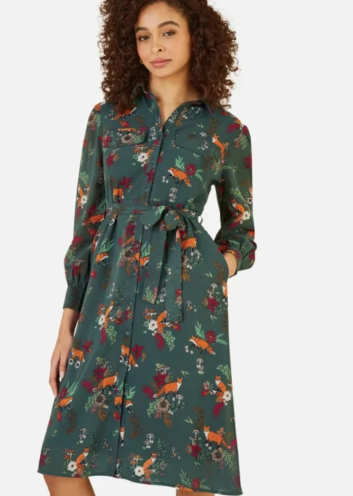 Yumi Green Recycled Fox Print Shirt Midi Dress