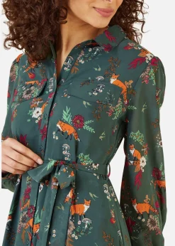 Yumi Green Recycled Fox Print Shirt Midi Dress