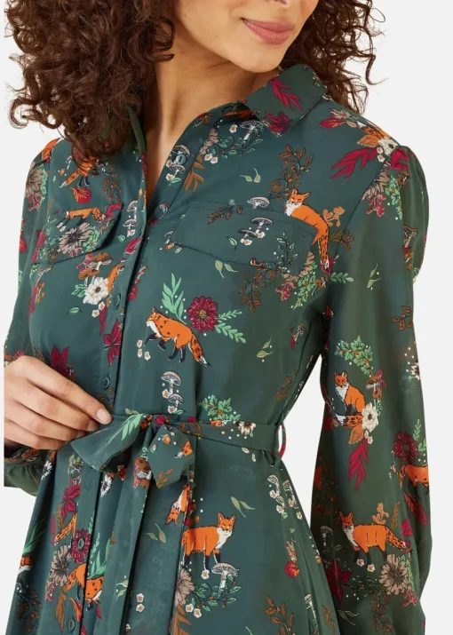 Yumi Green Recycled Fox Print Shirt Midi Dress