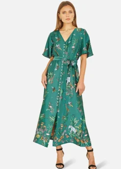 Yumi Green Satin Animal Safari Print Midi Shirt Dress
