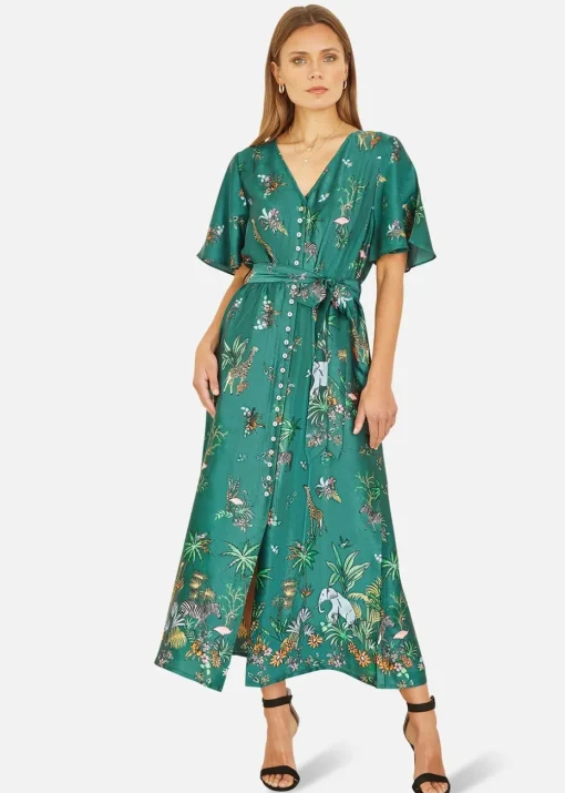 Yumi Green Satin Animal Safari Print Midi Shirt Dress