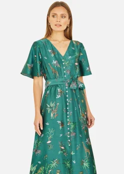 Yumi Green Satin Animal Safari Print Midi Shirt Dress
