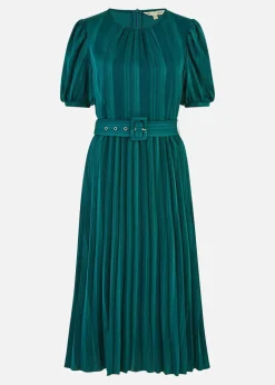 Yumi Green Satin Striped Midi Dress With Pleats and Matching Belt