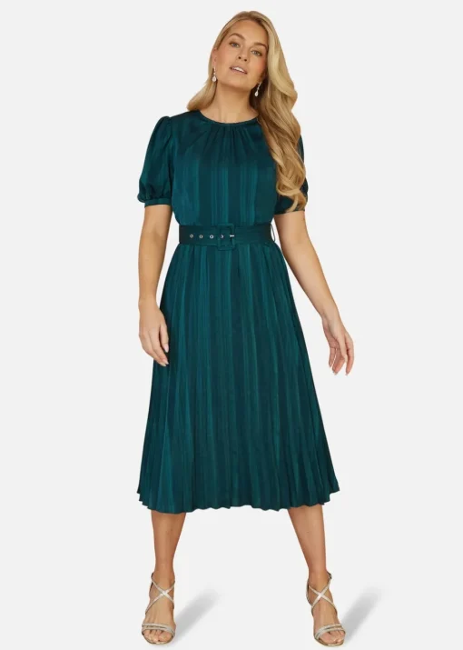 Yumi Green Satin Striped Midi Dress With Pleats and Matching Belt