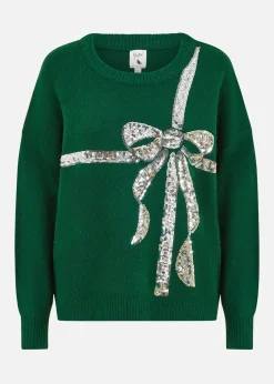 Yumi Green Sequin Bow Knitted Jumper