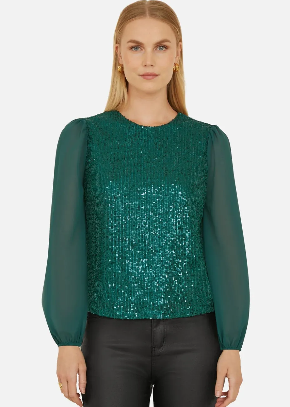 Yumi Green Sequin Top With Sheer Sleeves