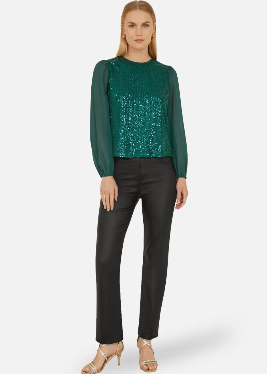 Yumi Green Sequin Top With Sheer Sleeves