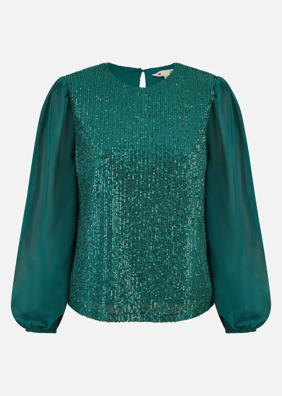 Yumi Green Sequin Top With Sheer Sleeves