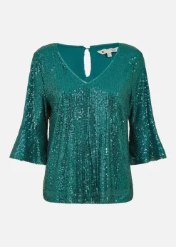 Yumi Green Sequin Top With Fluted Sleeve