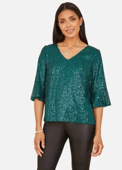 Yumi Green Sequin Top With Fluted Sleeve