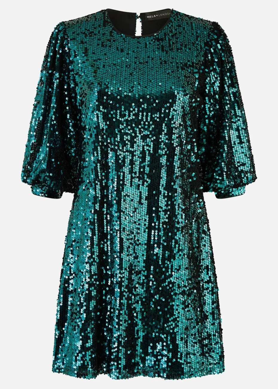 Yumi Green Sequin Tunic Dress With Balloon Sleeves
