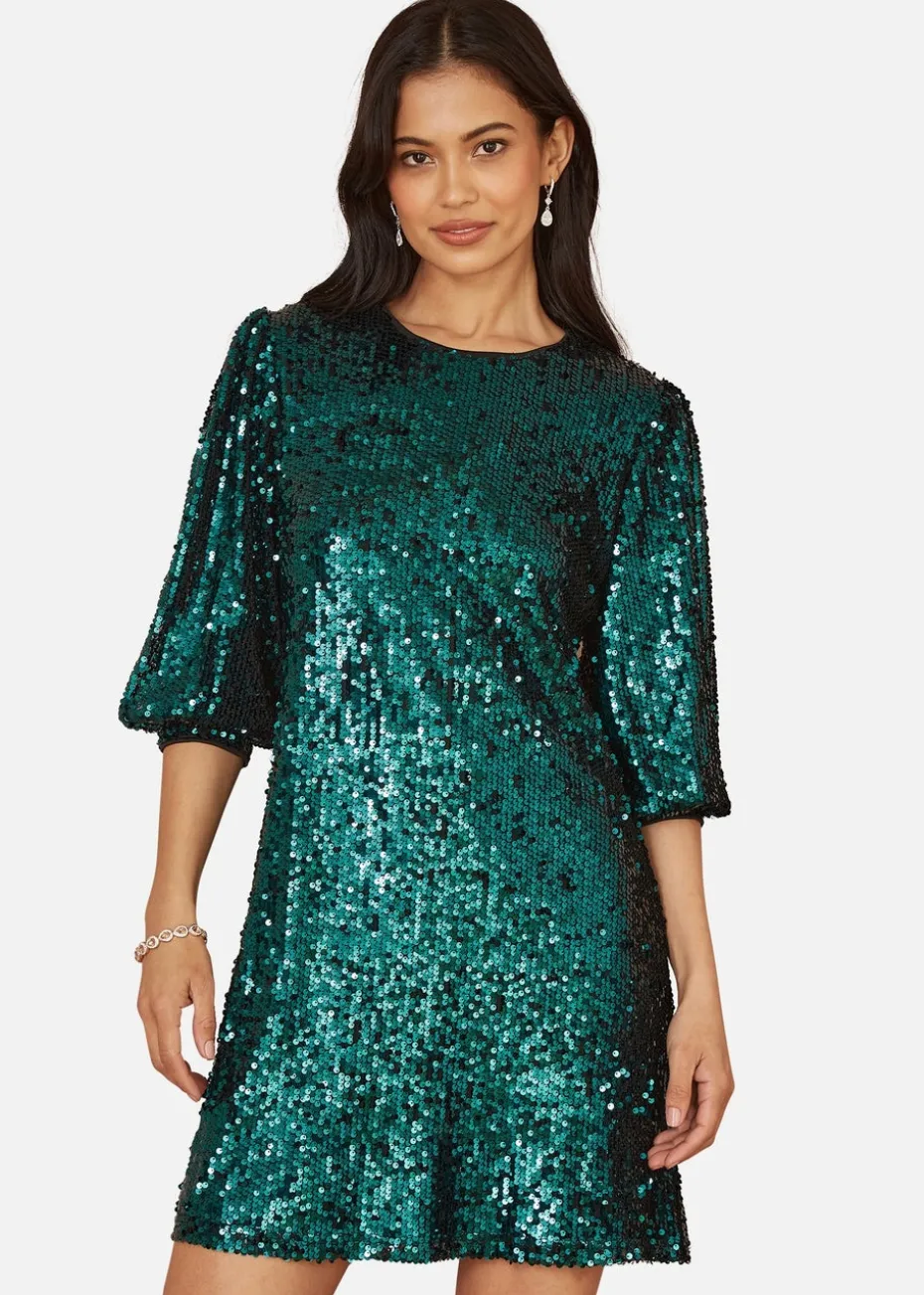 Yumi Green Sequin Tunic Dress With Balloon Sleeves