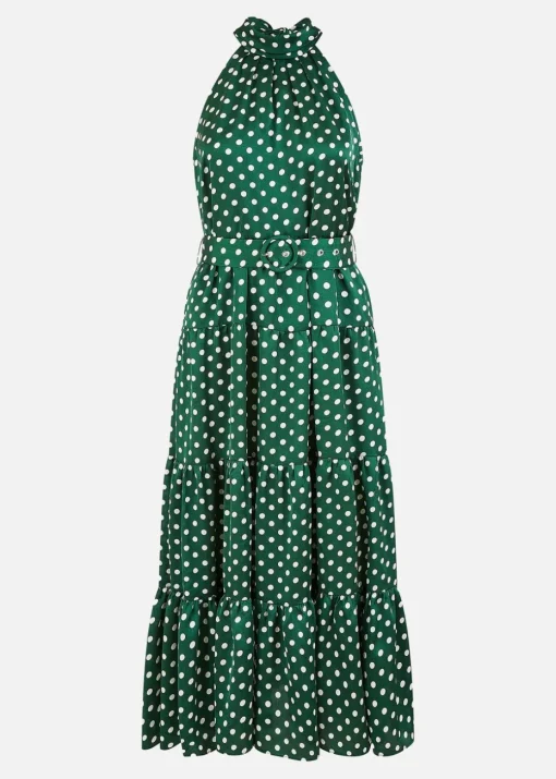 Yumi Green Spot Print Halter Midi Dress With Matching Belt