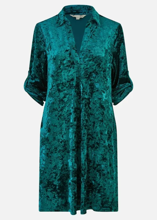 Yumi Green Velvet Tunic Dress With 3/4 Sleeves