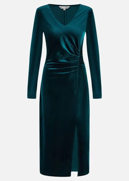 Yumi Green Velvet V Neck Fitted Ruched Midi Dress