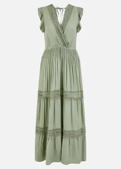 Yumi Green Viscose Lace Trim Wrap Maxi Dress