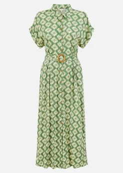Yumi Green Viscose Midi Shirt Dress With Matching Belt