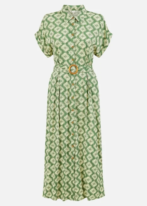 Yumi Green Viscose Midi Shirt Dress With Matching Belt