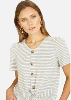 Yumi Grey Striped Jersey Button Detail Top