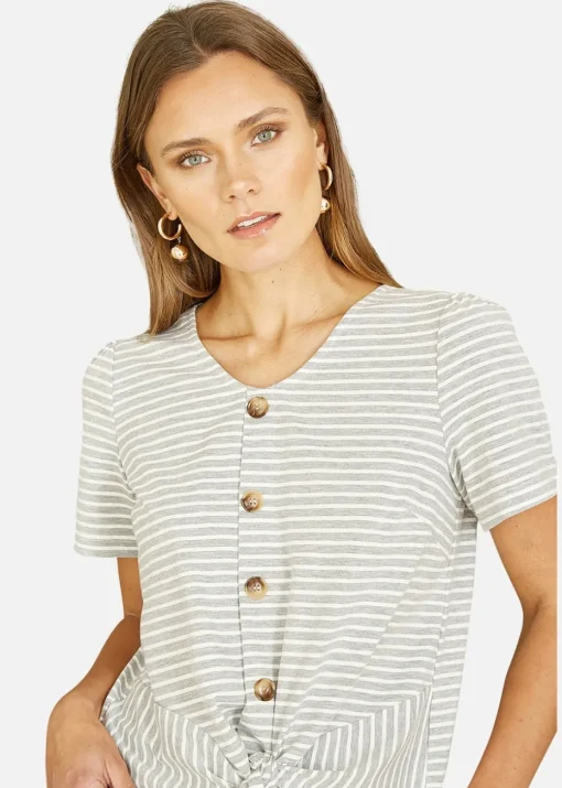 Yumi Grey Striped Jersey Button Detail Top