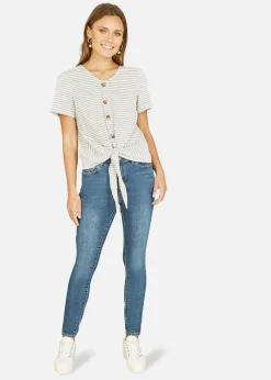 Yumi Grey Striped Jersey Button Detail Top