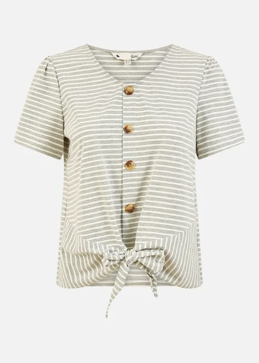 Yumi Grey Striped Jersey Button Detail Top