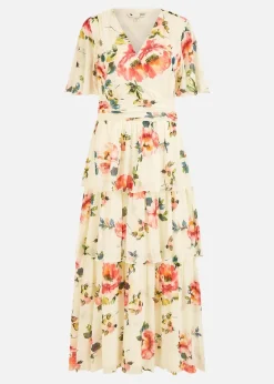 Yumi Ivory Floral Mesh Tiered Maxi Dress