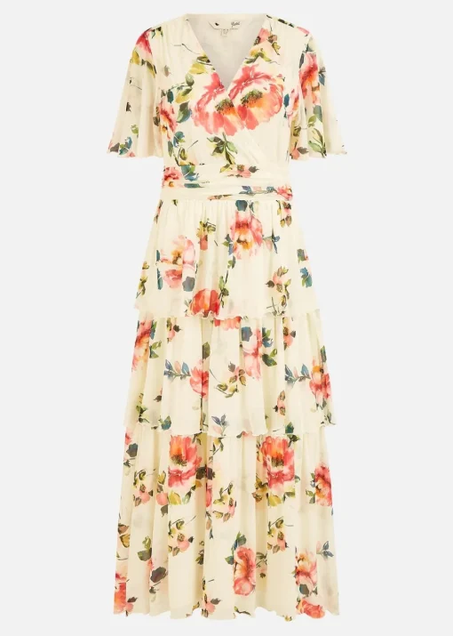 Yumi Ivory Floral Mesh Tiered Maxi Dress