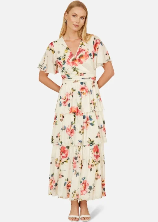 Yumi Ivory Floral Mesh Tiered Maxi Dress