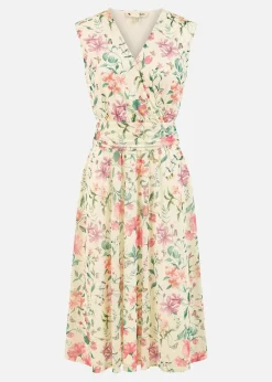 Yumi Ivory Floral Print Mesh Stretch Midi Dress With Pockets