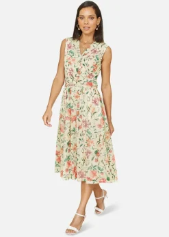 Yumi Ivory Floral Print Mesh Stretch Midi Dress With Pockets