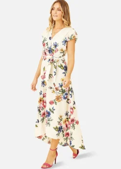 Yumi Ivory Floral Wrap Dip Hem Dress