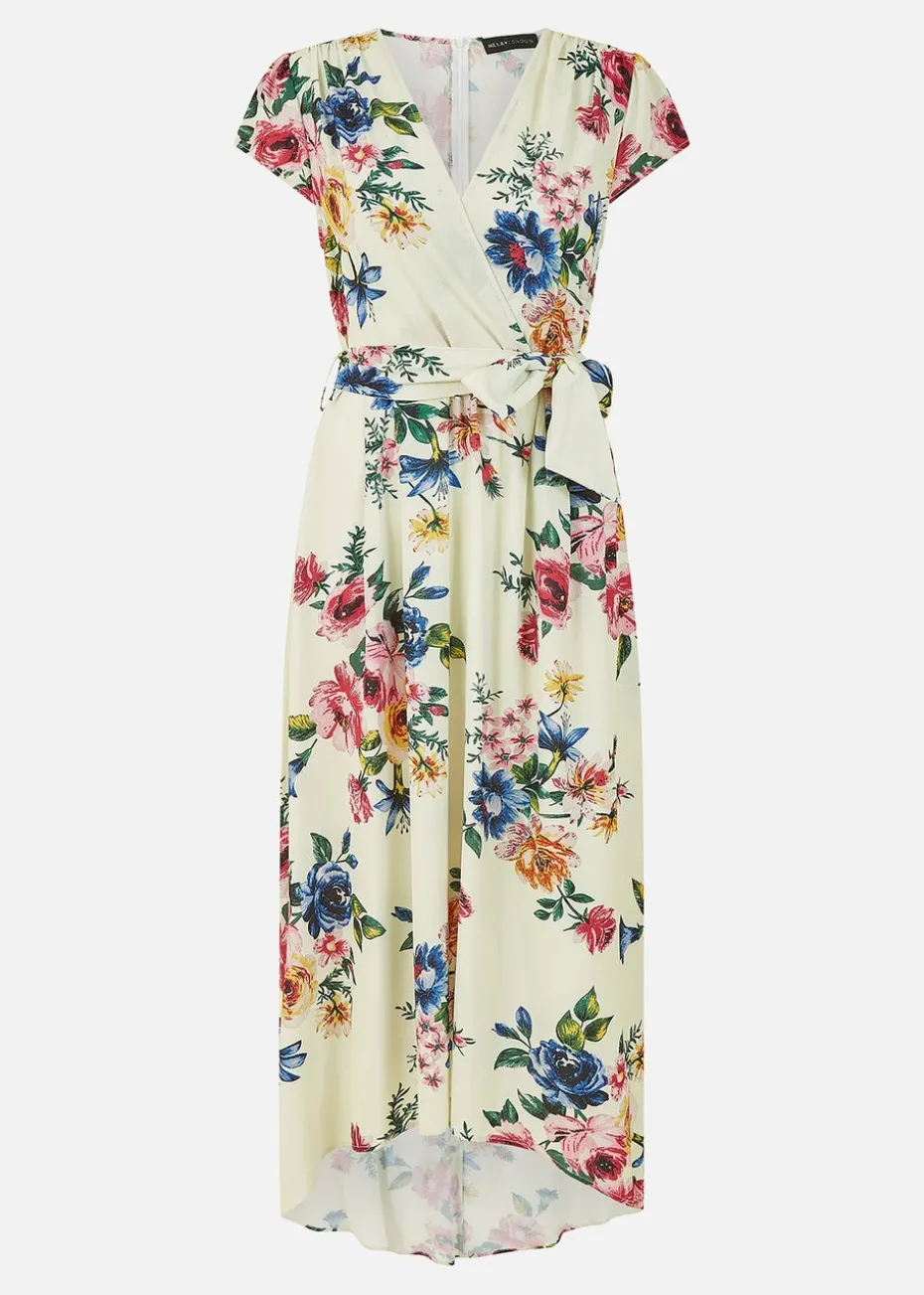 Yumi Ivory Floral Wrap Dip Hem Dress