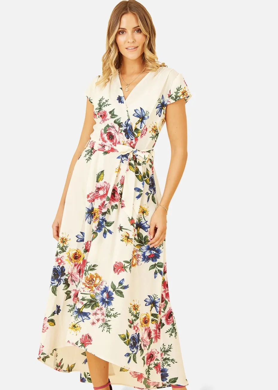 Yumi Ivory Floral Wrap Dip Hem Dress