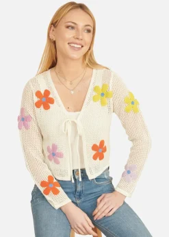 Yumi Ivory Tie Front Cardigan With Flower Design